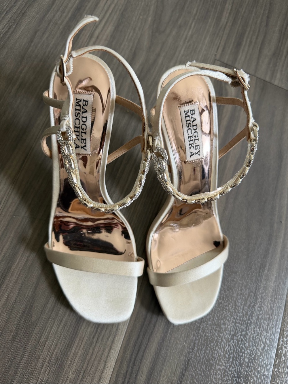 Badgley Mischka Ivory Satin Open-Toe Heels with Crystal Anklet